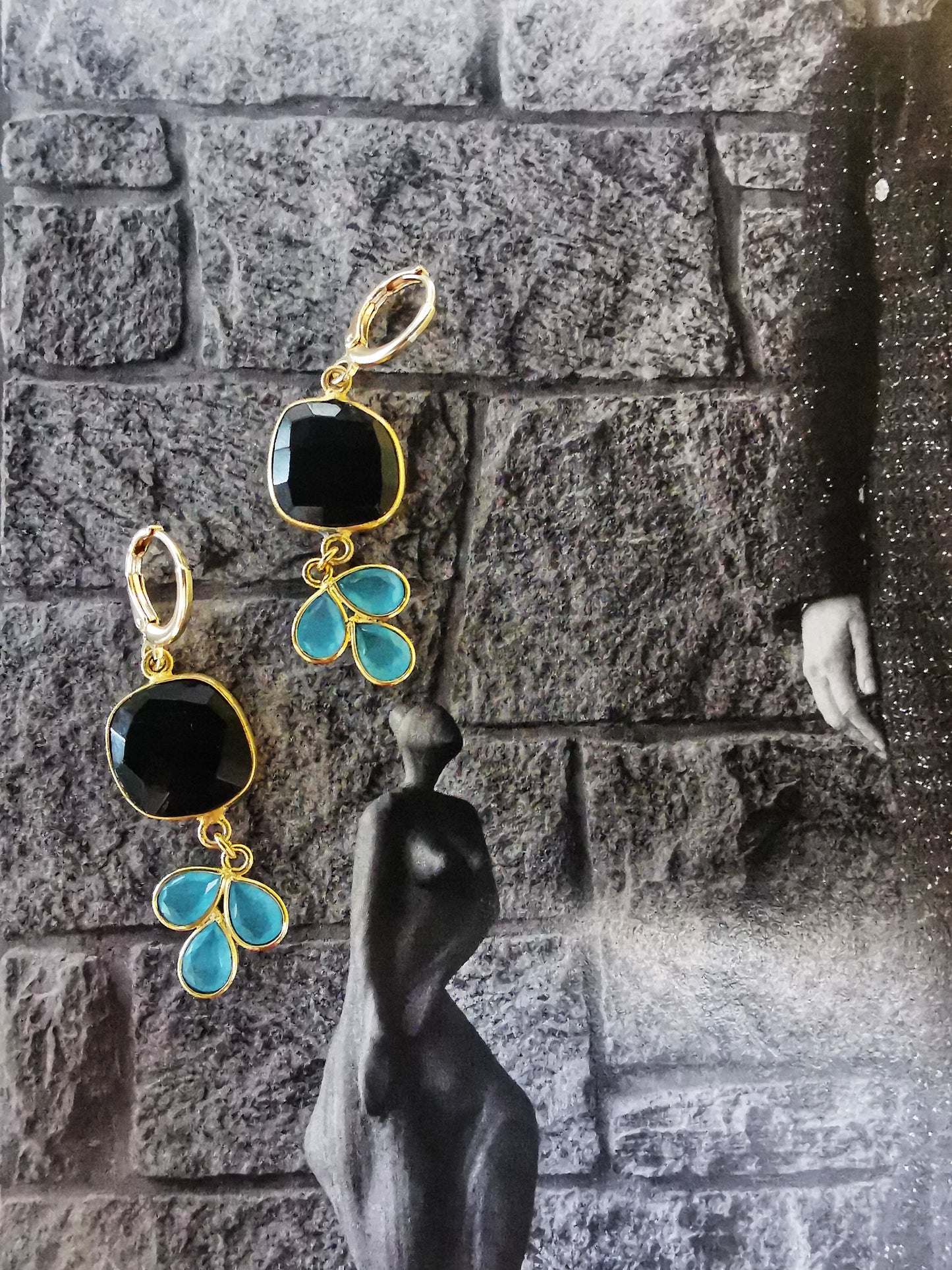Amaranta- Black Onyx & Baby Blue Chalcedony Dangle Earrings.  LIMITED EDITION