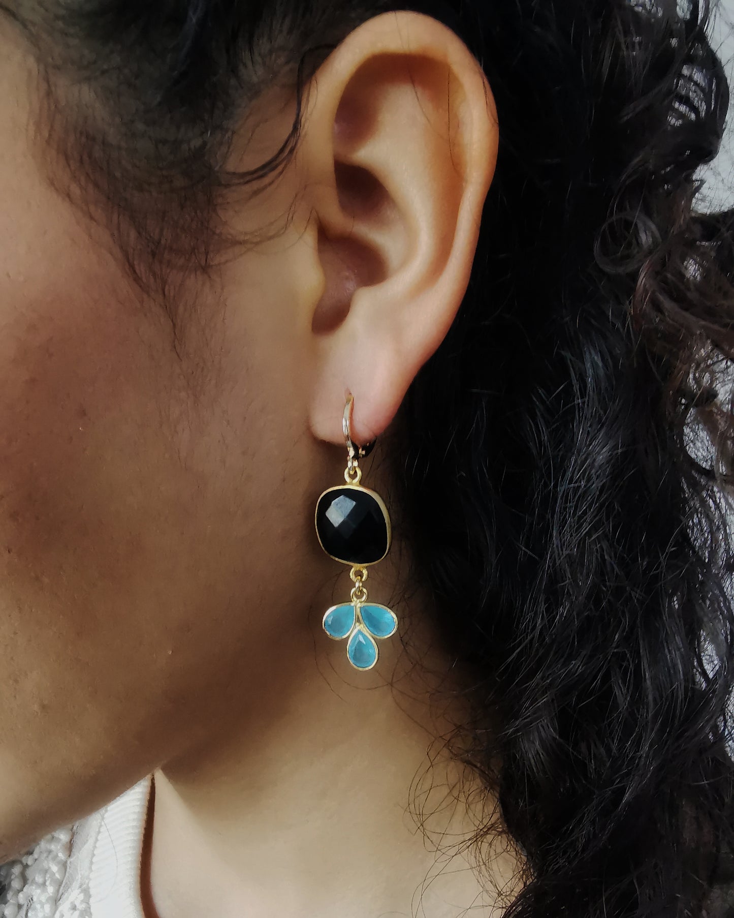 Amaranta- Black Onyx & Baby Blue Chalcedony Dangle Earrings.  LIMITED EDITION