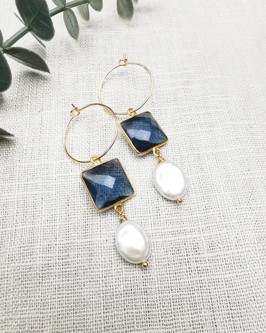 Blue Iolite +Freshwater Pearls drop Earrings