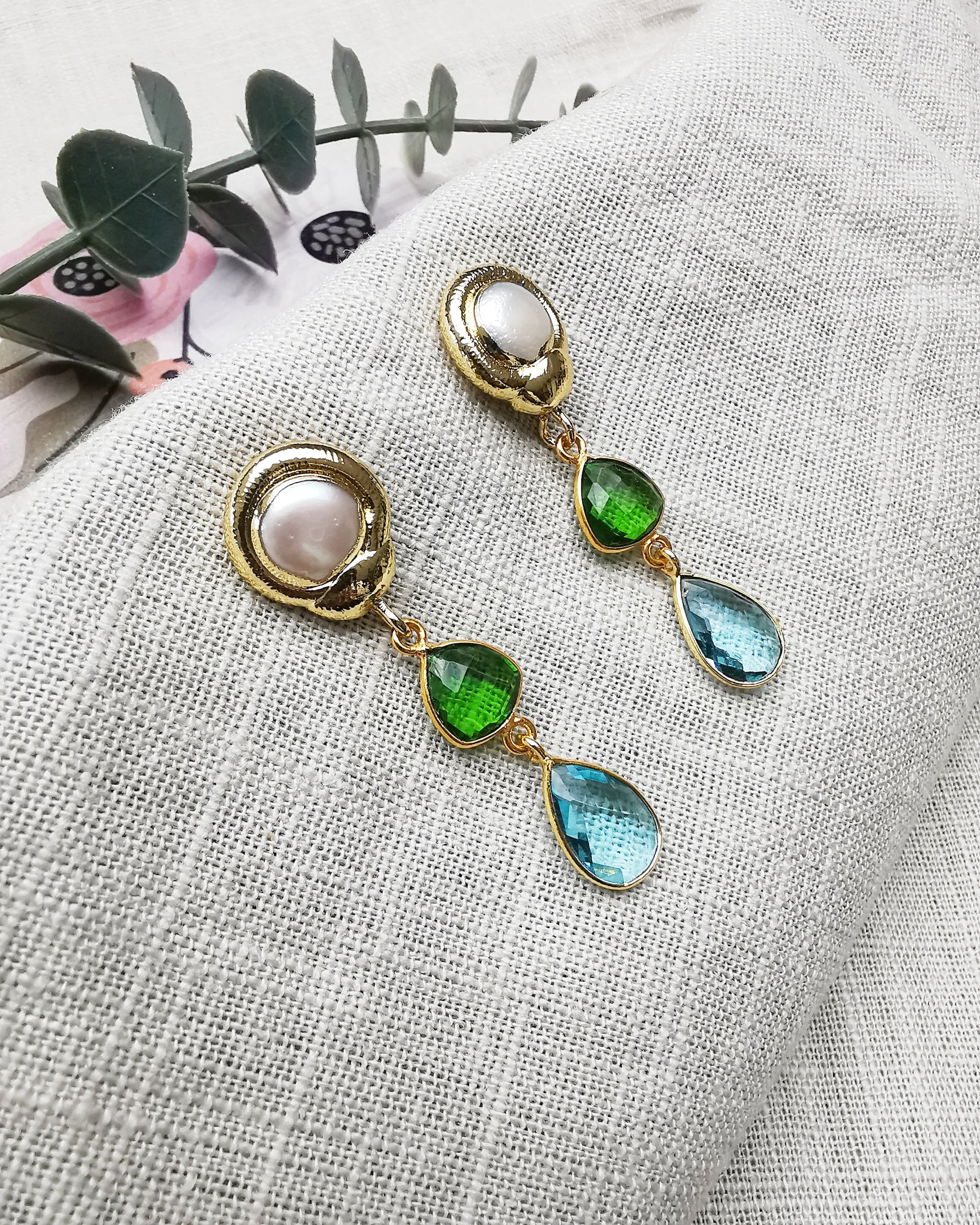 Freshwater Pearl Stud Earrings with Peridot and Blue Topaz - Vinta Shop