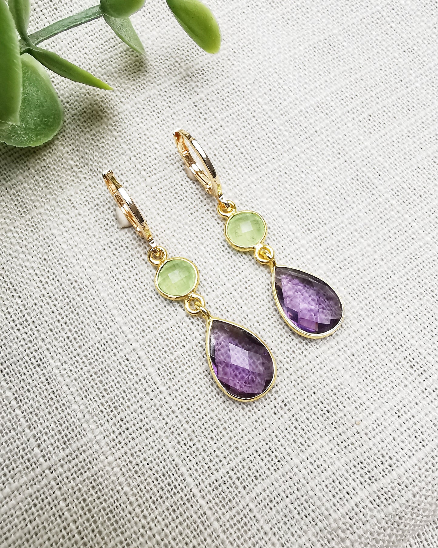 Prehnite & Amethyst Drop Earrings