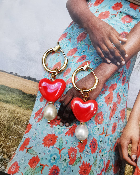 Red Heart Hoop Earrings with freshwater Pearls (Copy) - Vinta Shop