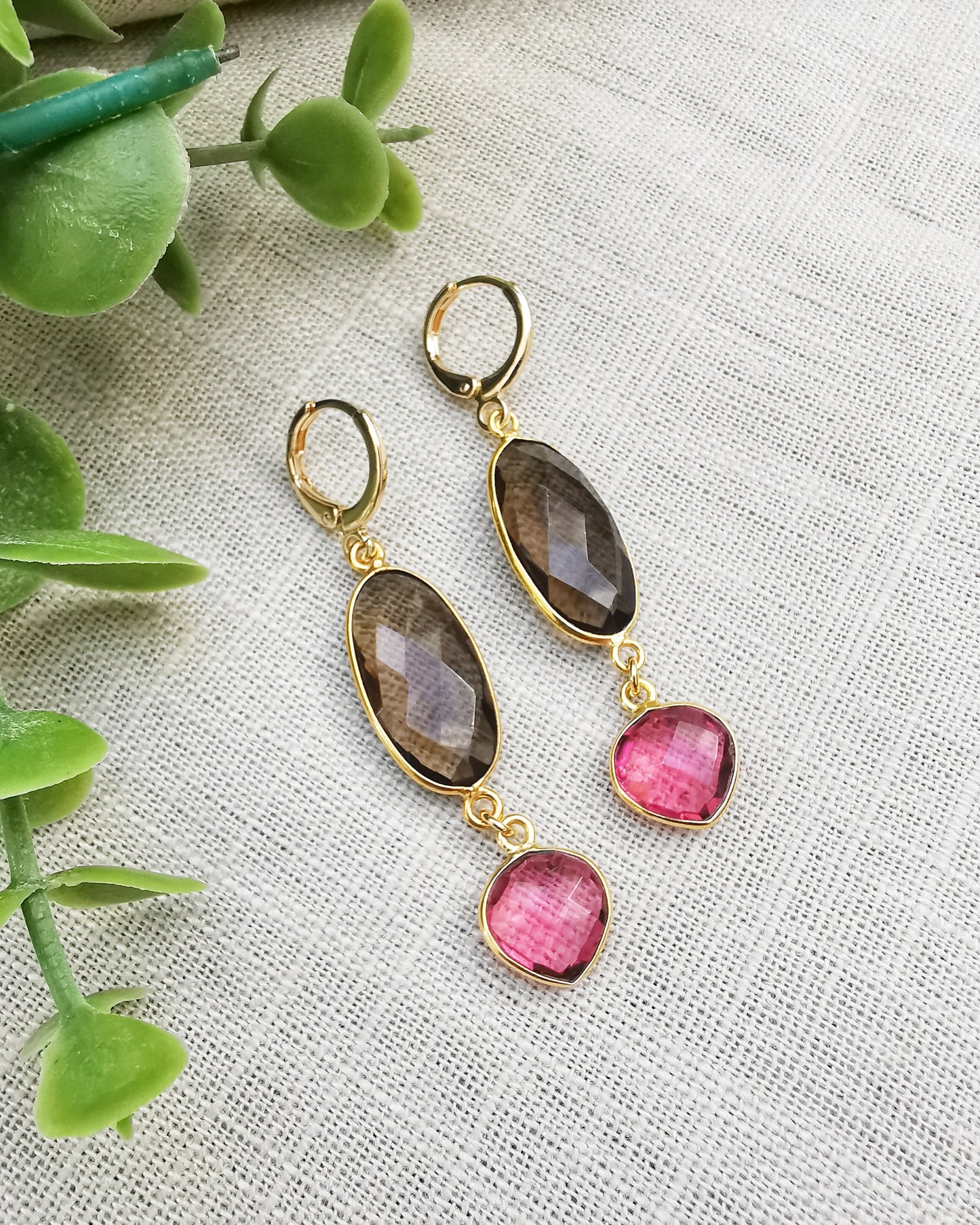 Smokey Quartz and Pink Tourmaline Drop Earrings.