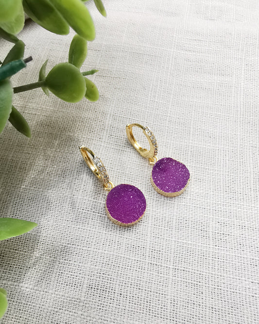 Purple Druzzy Huggie Hoop Earrings