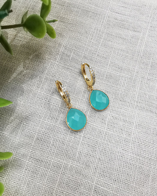 Aqua Chalcedony Huggie Hoop Earring