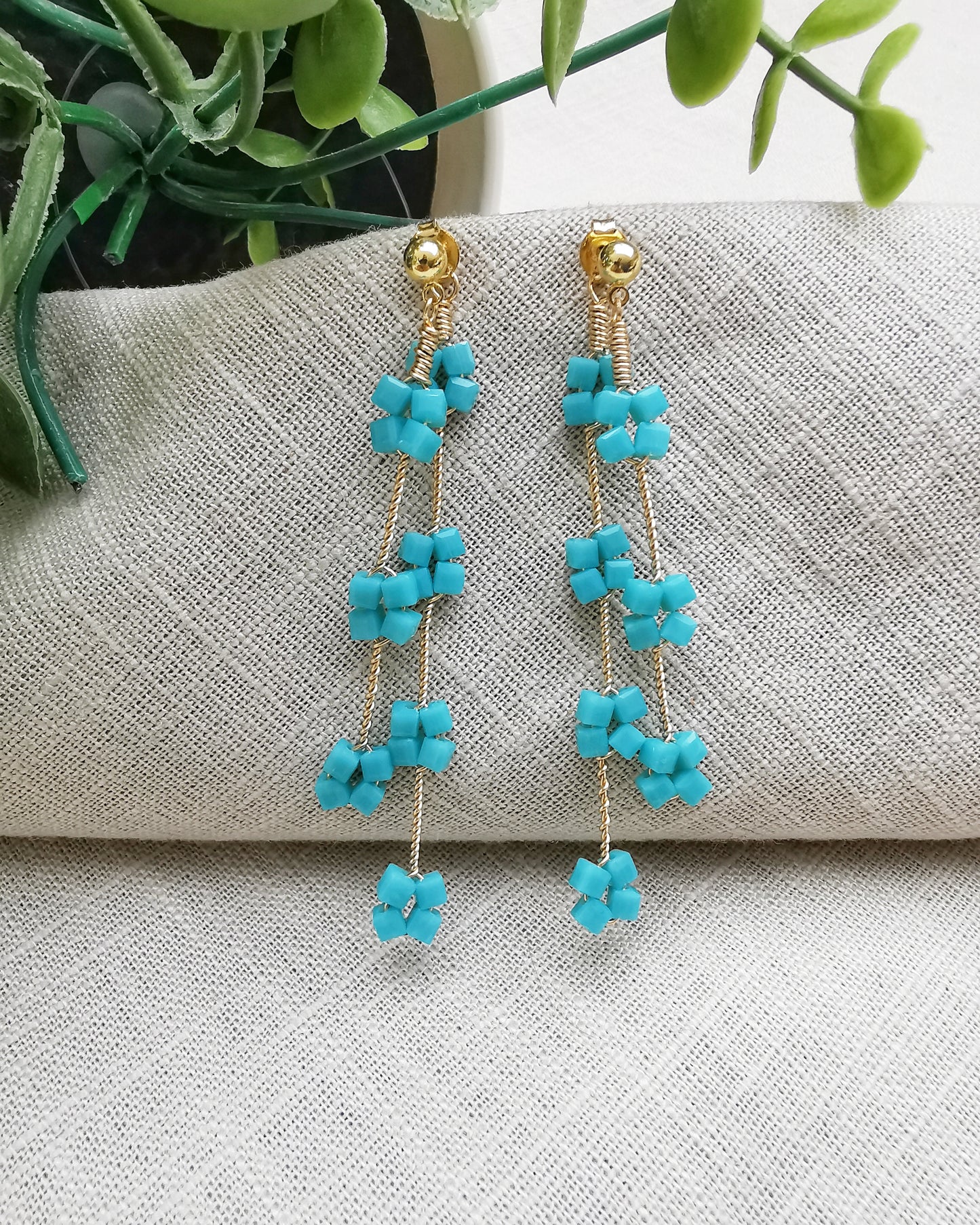 Aqua Double Drop Crystal Stud Earrings.