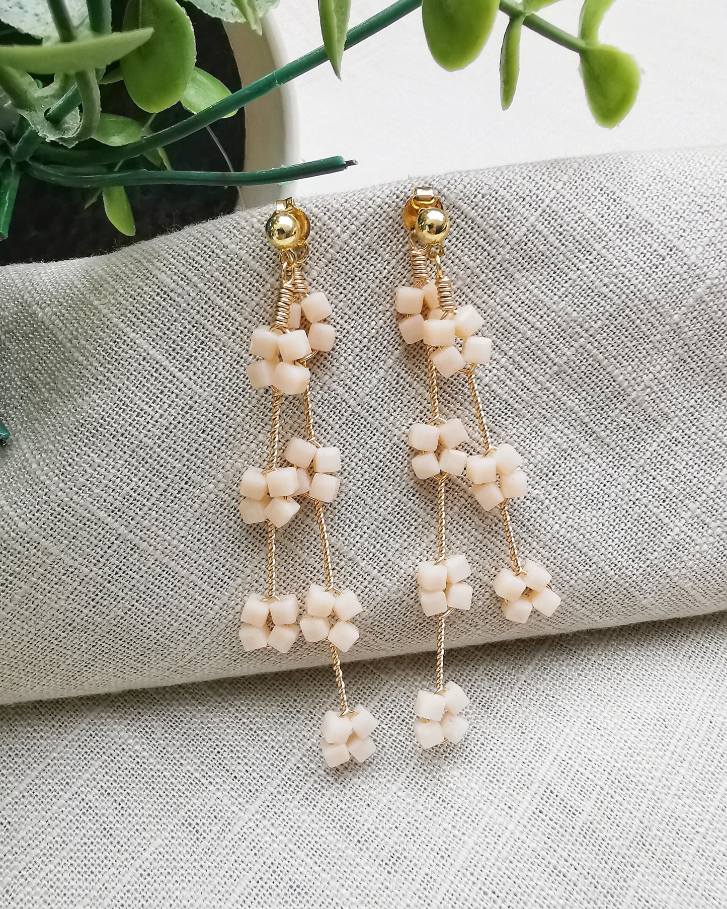 Cream Double Drop Crystal Stud Earrings.