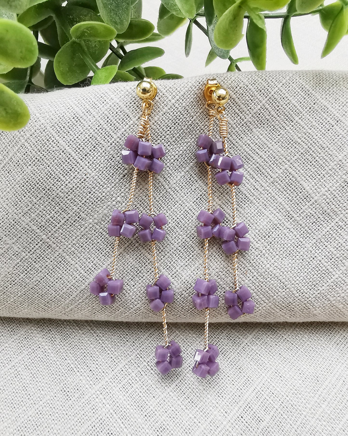 Purple Double Drop Crystal Stud Earrings.