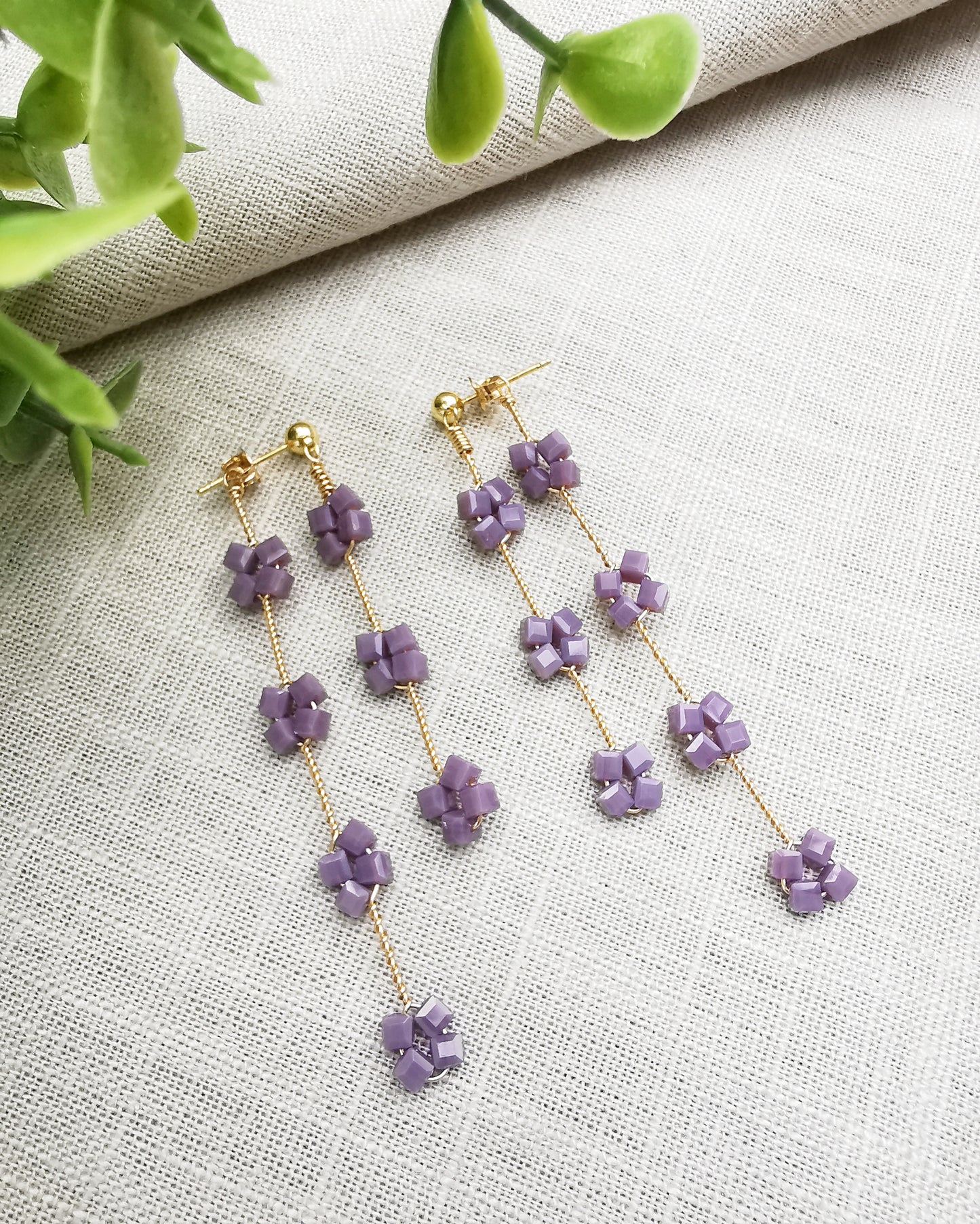 Purple Double Drop Crystal Stud Earrings.