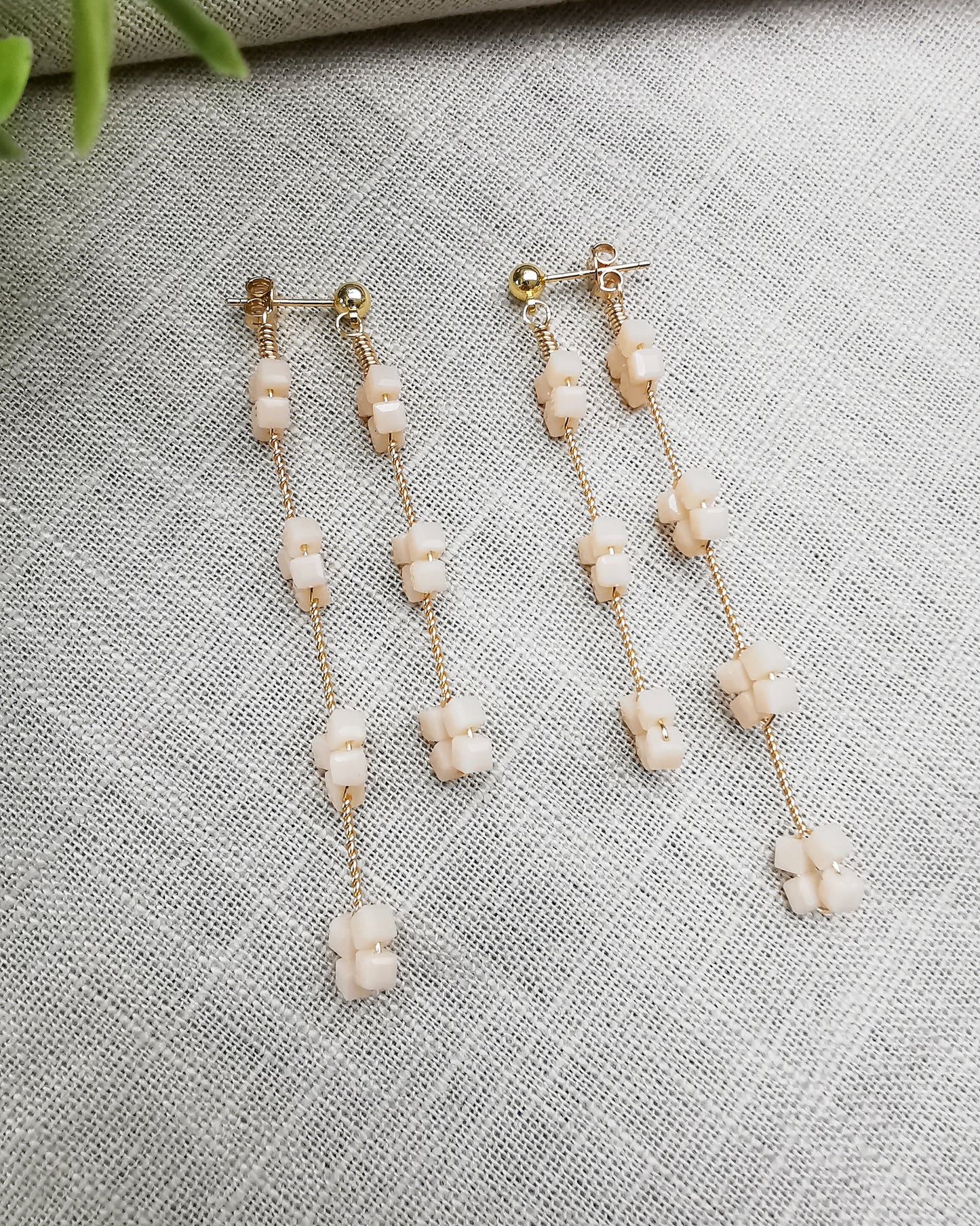 Cream Double Drop Crystal Stud Earrings.