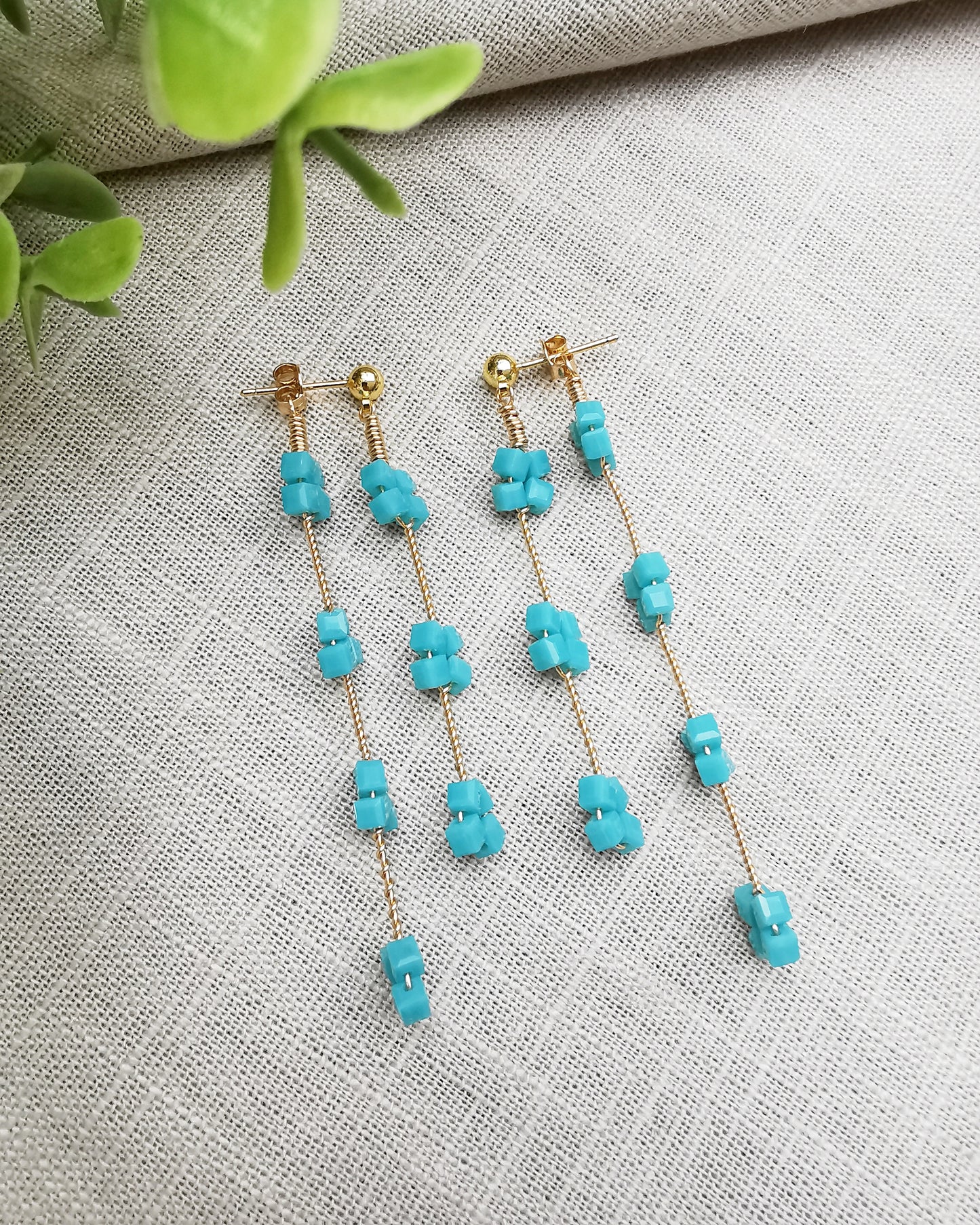 Aqua Double Drop Crystal Stud Earrings.