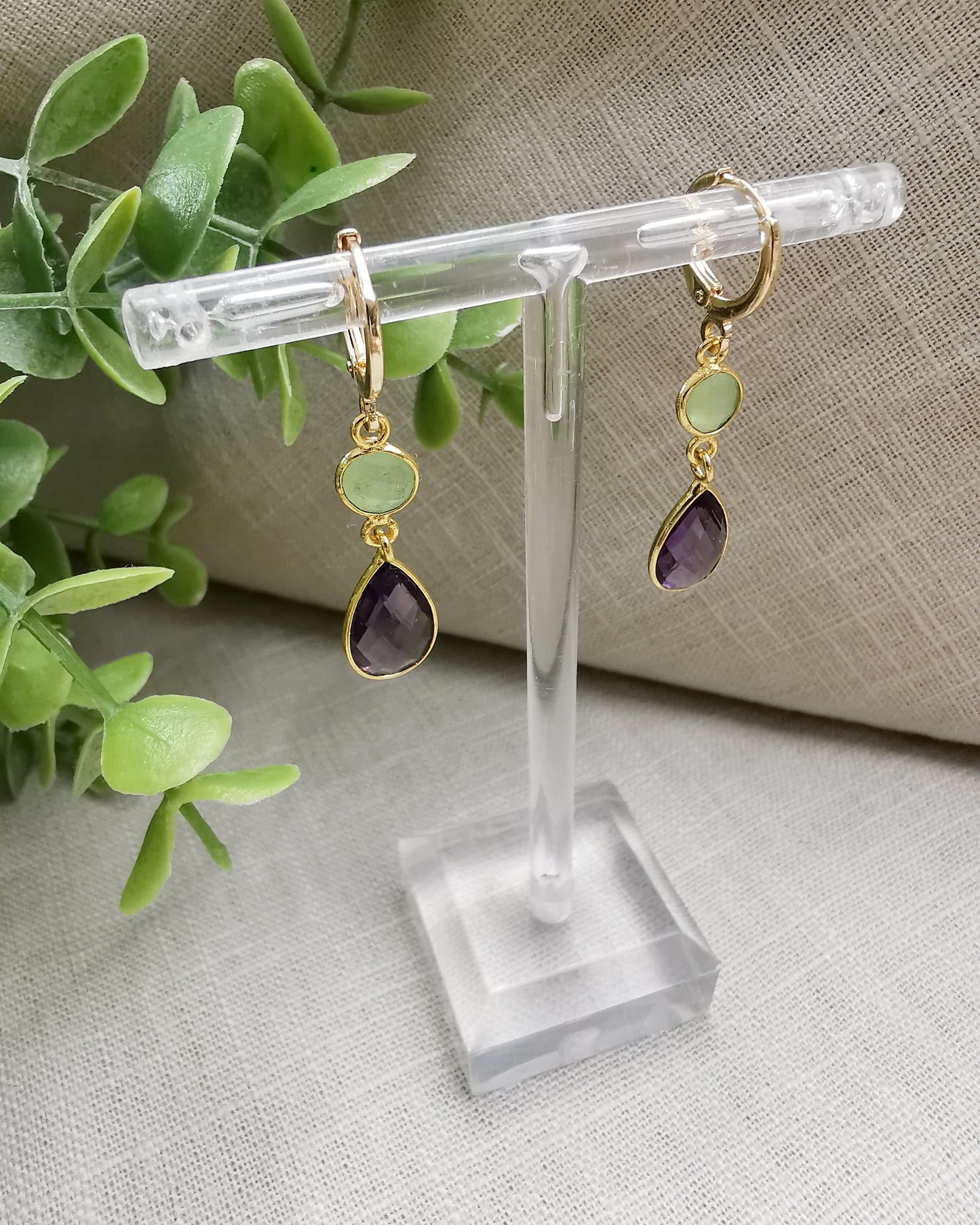 Prehnite & Amethyst Drop Earrings