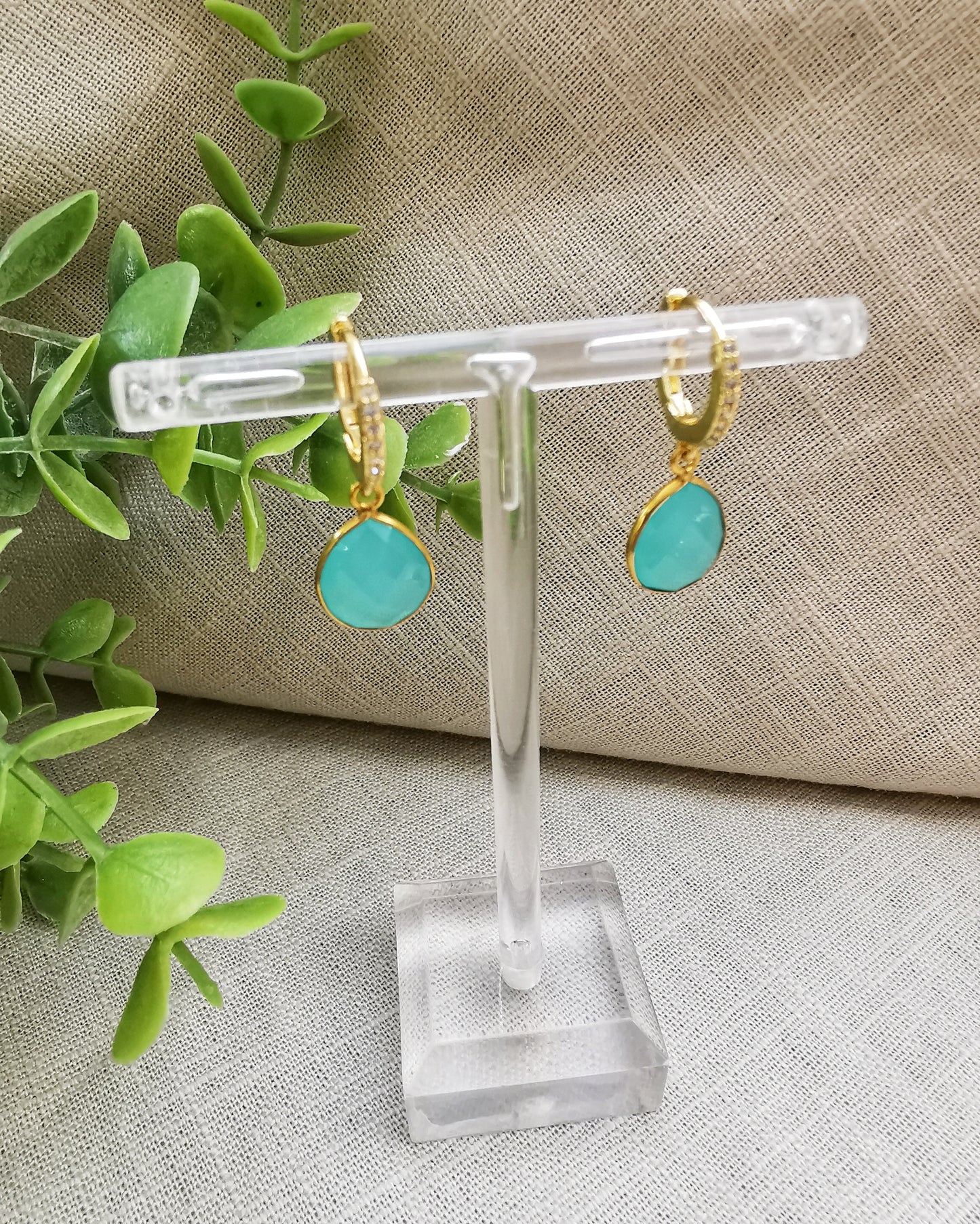 Aqua Chalcedony Huggie Hoop Earring