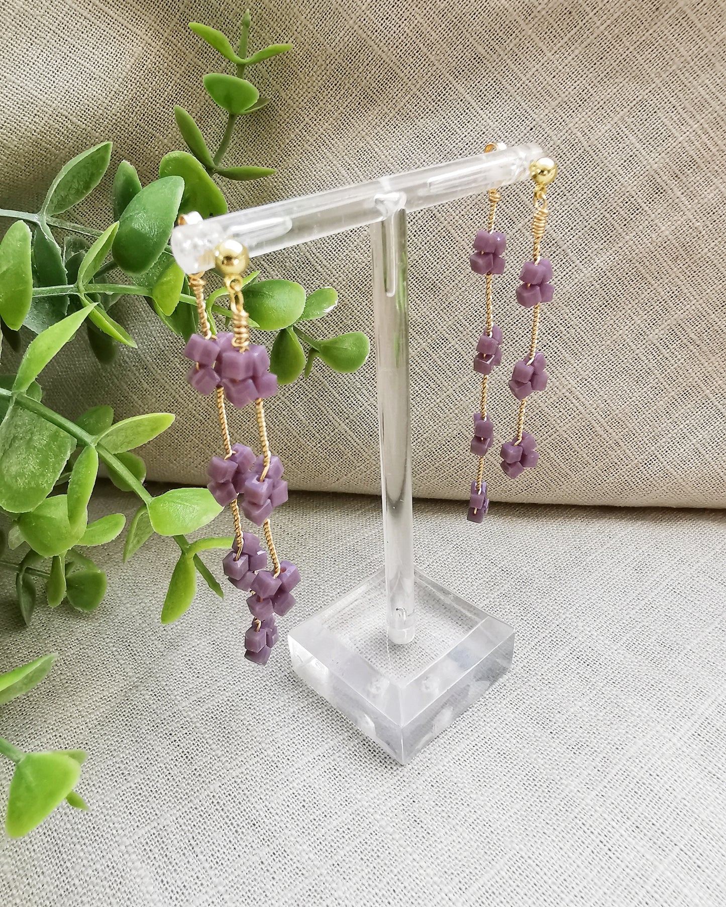 Purple Double Drop Crystal Stud Earrings.