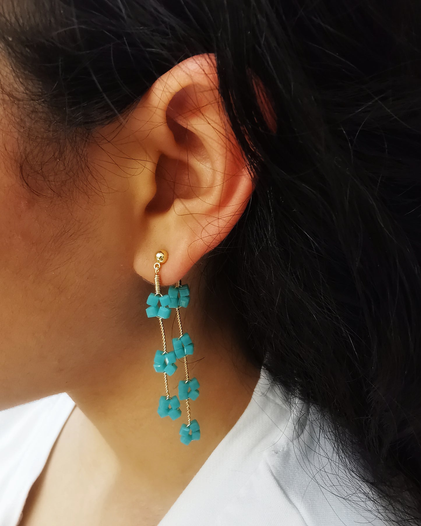 Aqua Double Drop Crystal Stud Earrings.