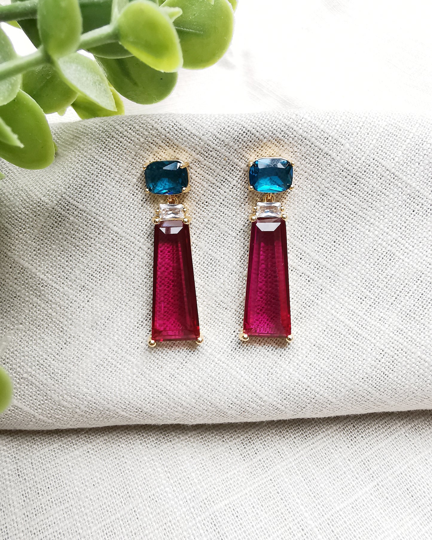 Eloise || Sea Blue and Berry Pink Crystal Earrings