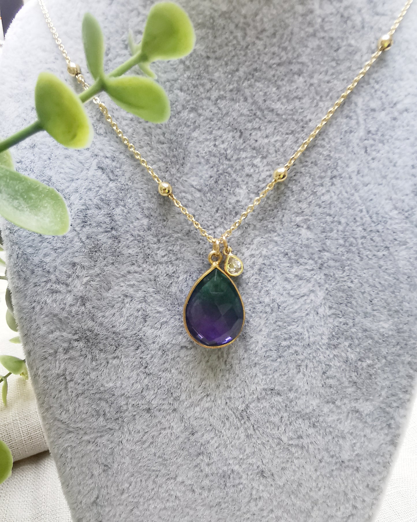 Aurora Quartz Green and Purple Satellite Pendant Necklace.