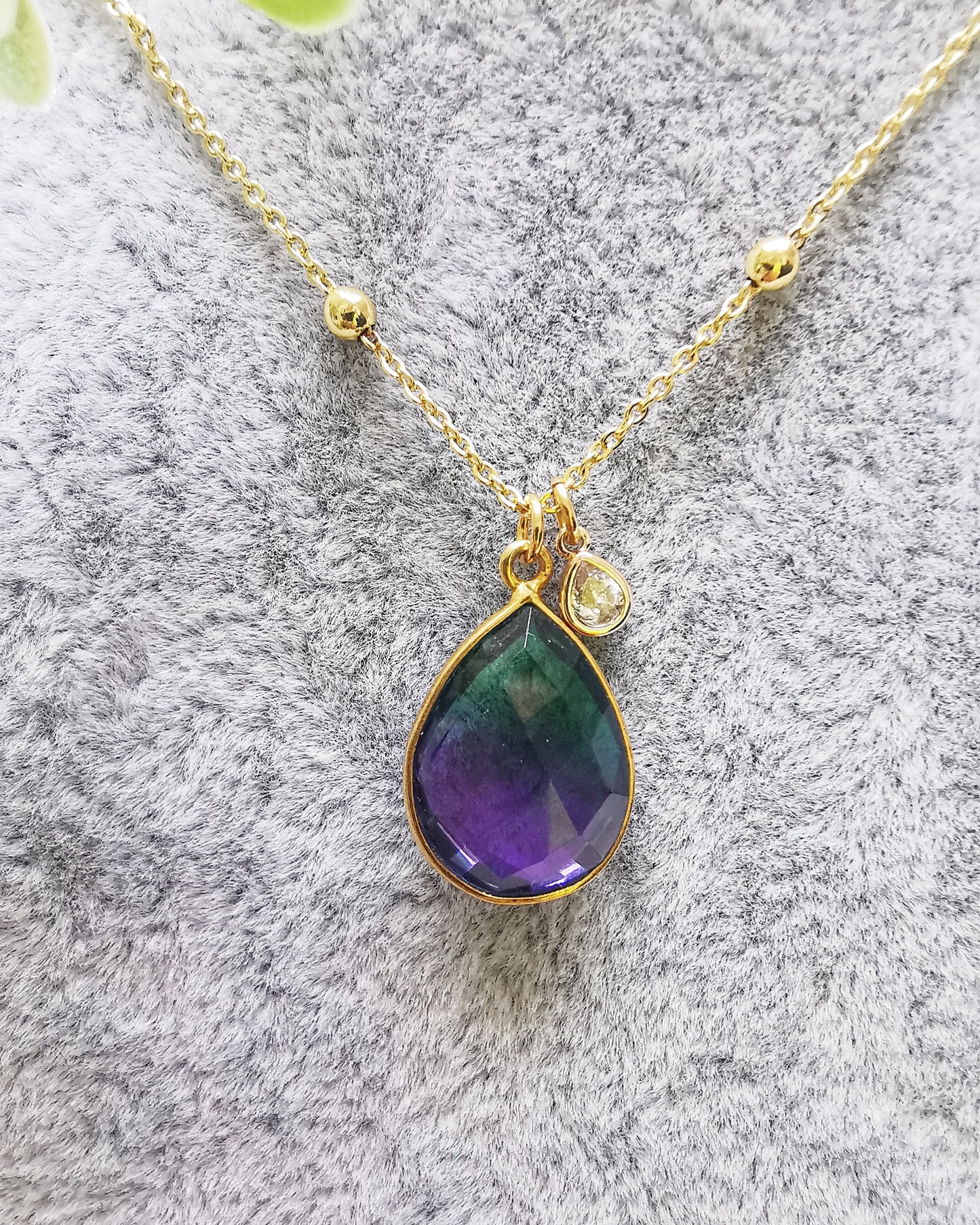 Aurora Quartz Green and Purple Satellite Pendant Necklace.