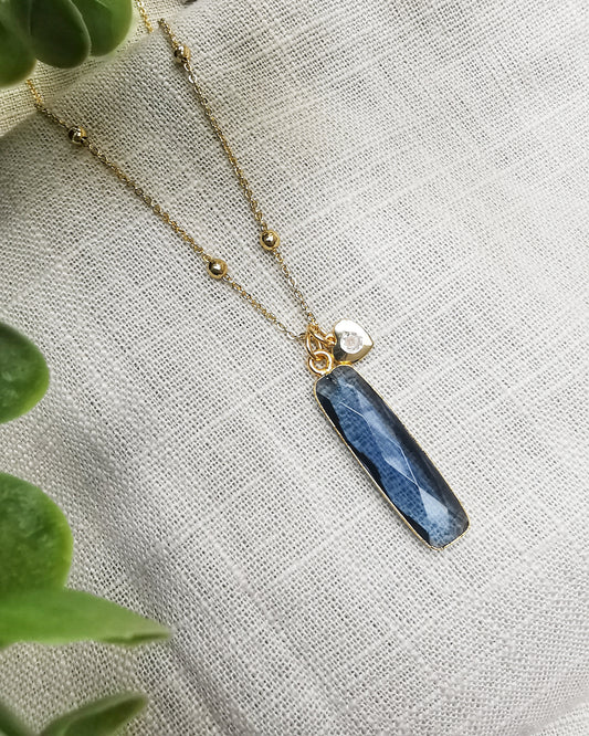 Blue Iolite Long Bar Satellite Pendant Necklace.