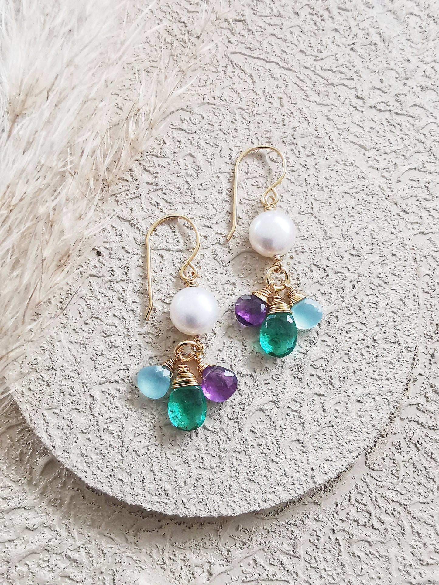 Freshwater Pearl Drop Earrings with Iolite, Amethyst, and Chalcedony Gemstones