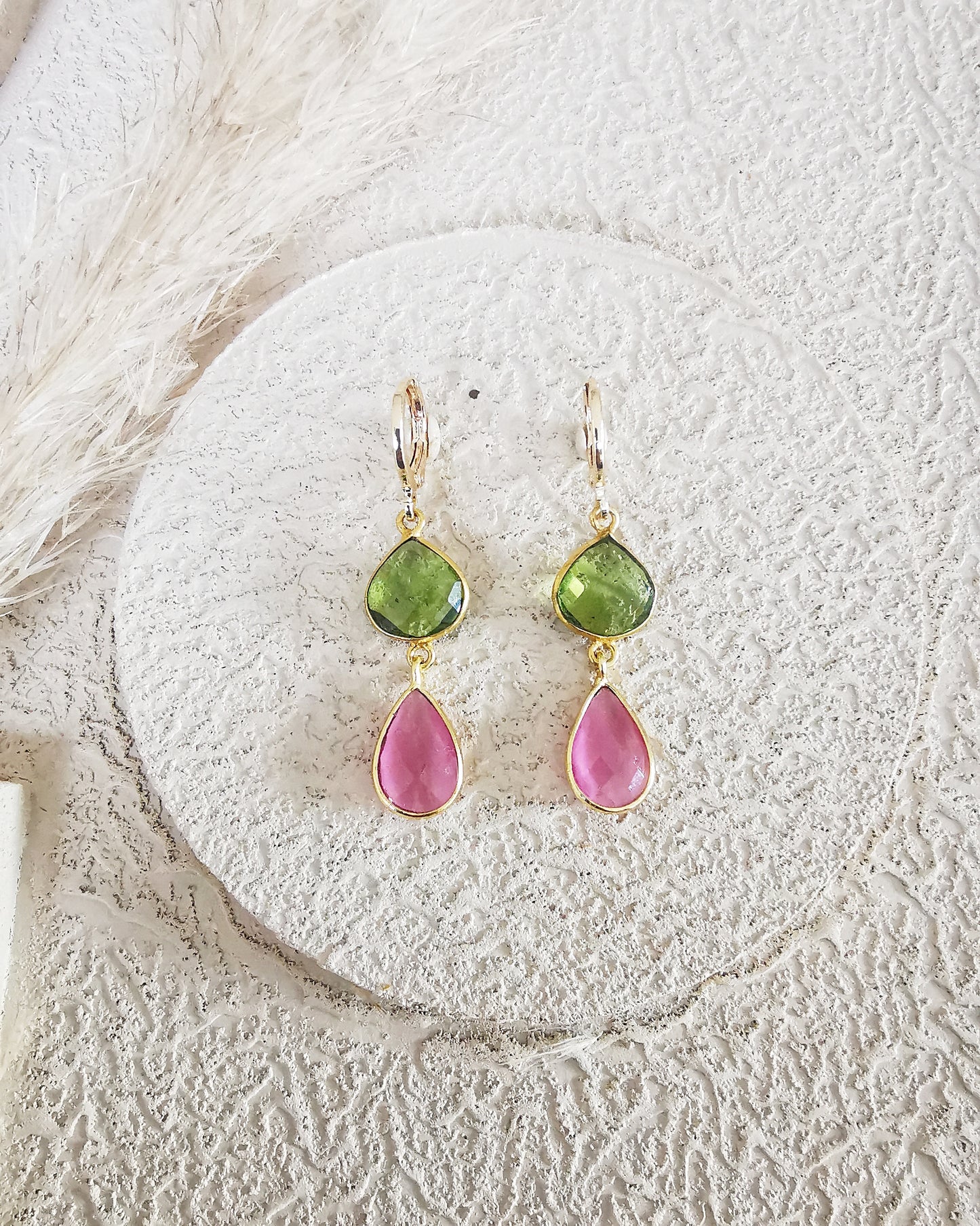 Peridot and Pink Blush Mona Lisa Drop Earrings.