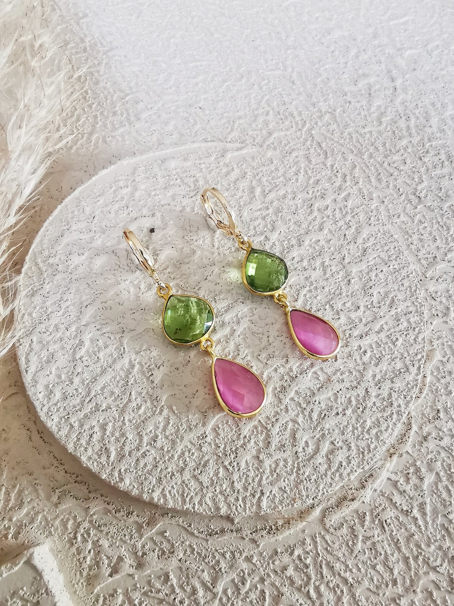 Peridot and Pink Blush Mona Lisa Drop Earrings.