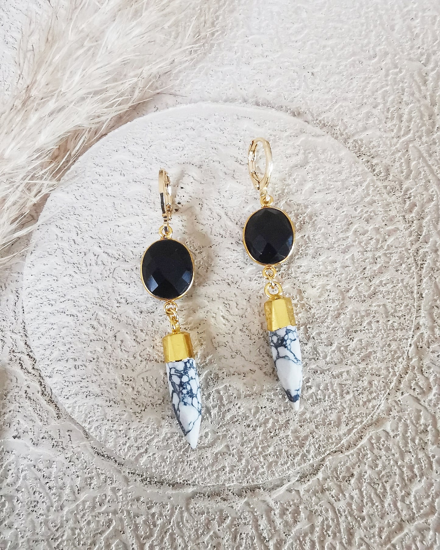 Black Onyx Drop Earrings with White Howlite Spikes