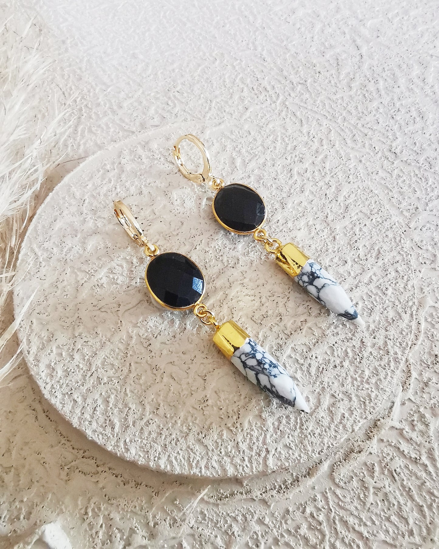 Black Onyx Drop Earrings with White Howlite Spikes