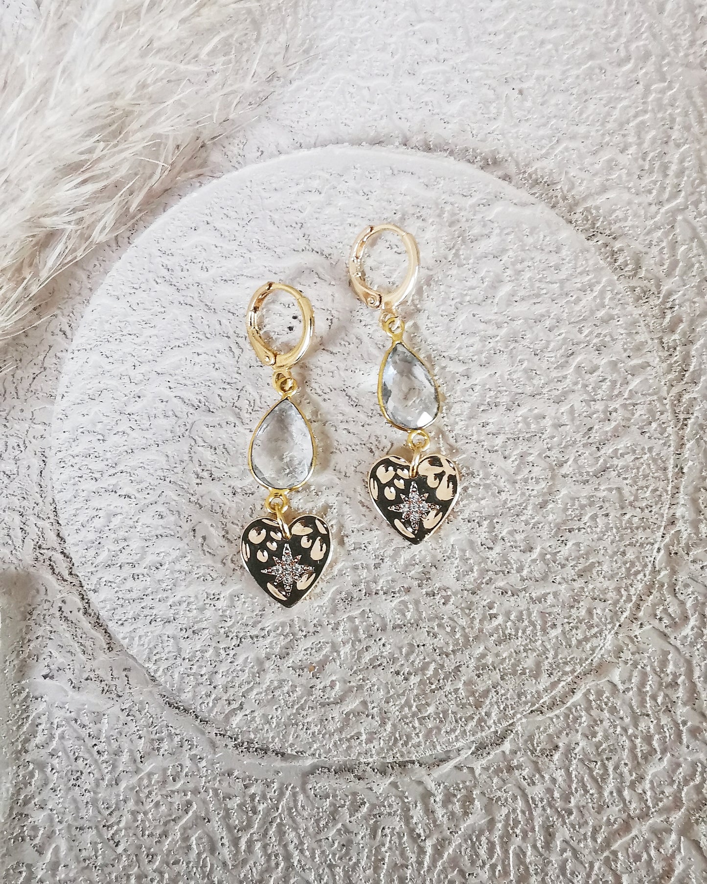 Clear Quartz Drop Earrings with Gold Heart Charms