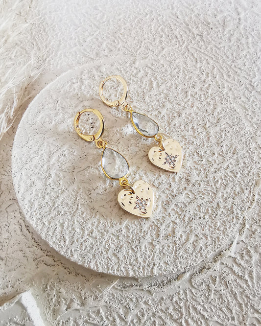 Clear Quartz Drop Earrings with Gold Heart Charms