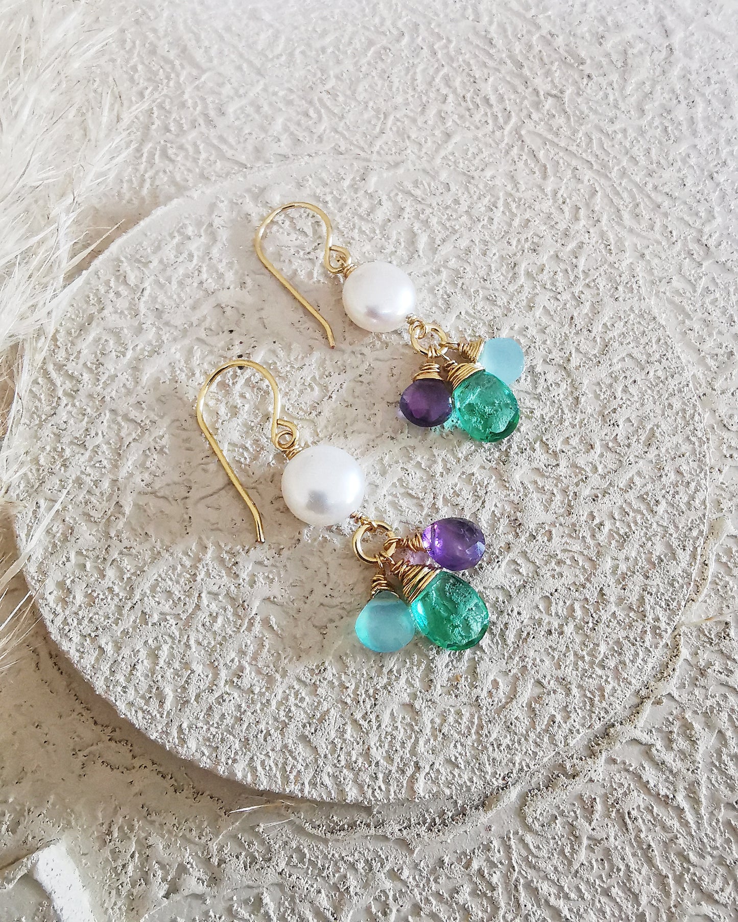 Freshwater Pearl Drop Earrings with Iolite, Amethyst, and Chalcedony Gemstones