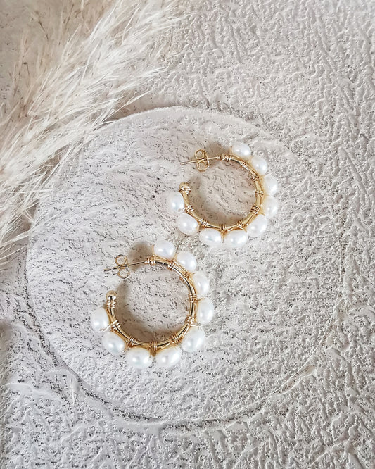 Medium Wire-Wrapped Hoop Earrings with Freshwater Pearls