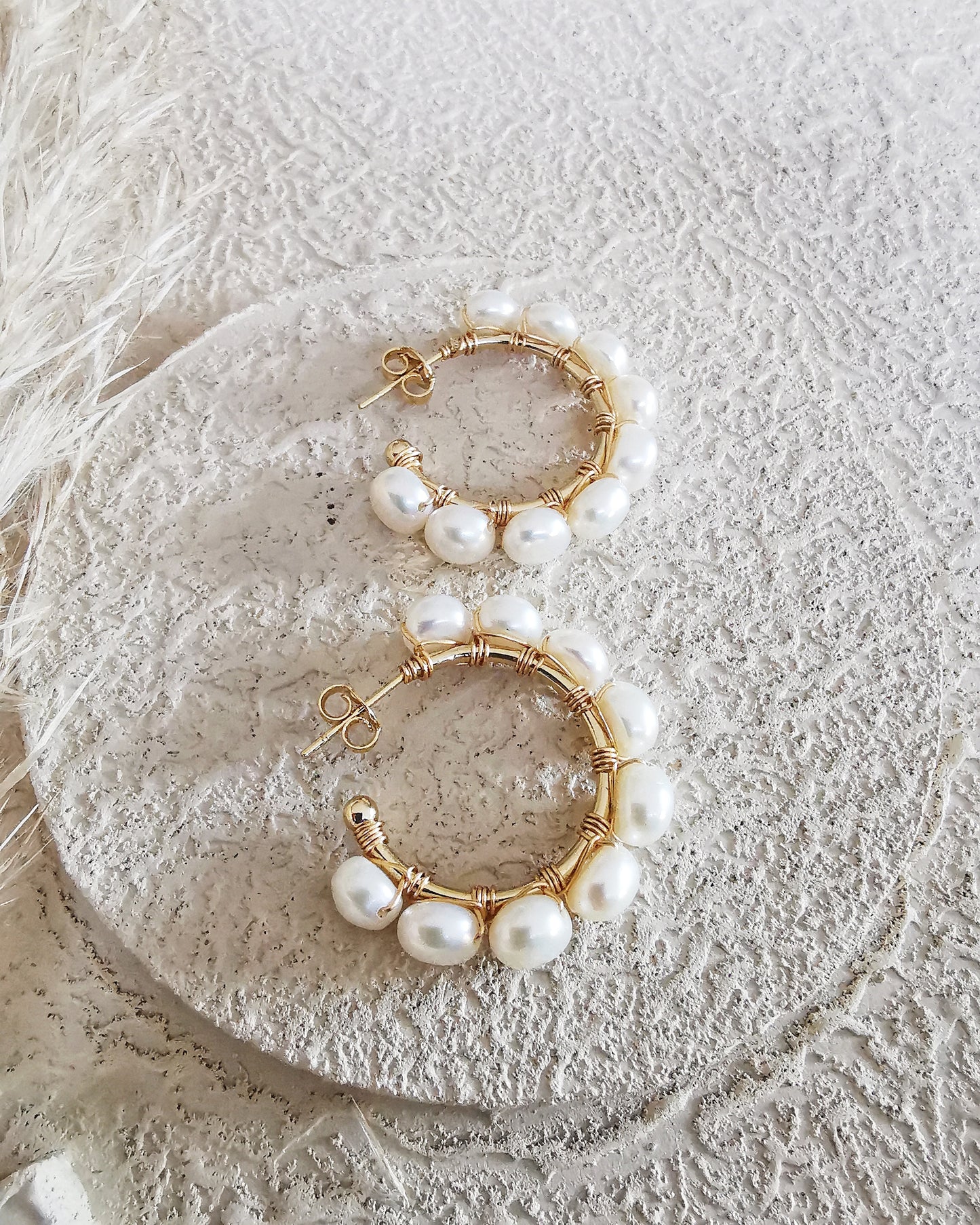 Medium Wire-Wrapped Hoop Earrings with Freshwater Pearls