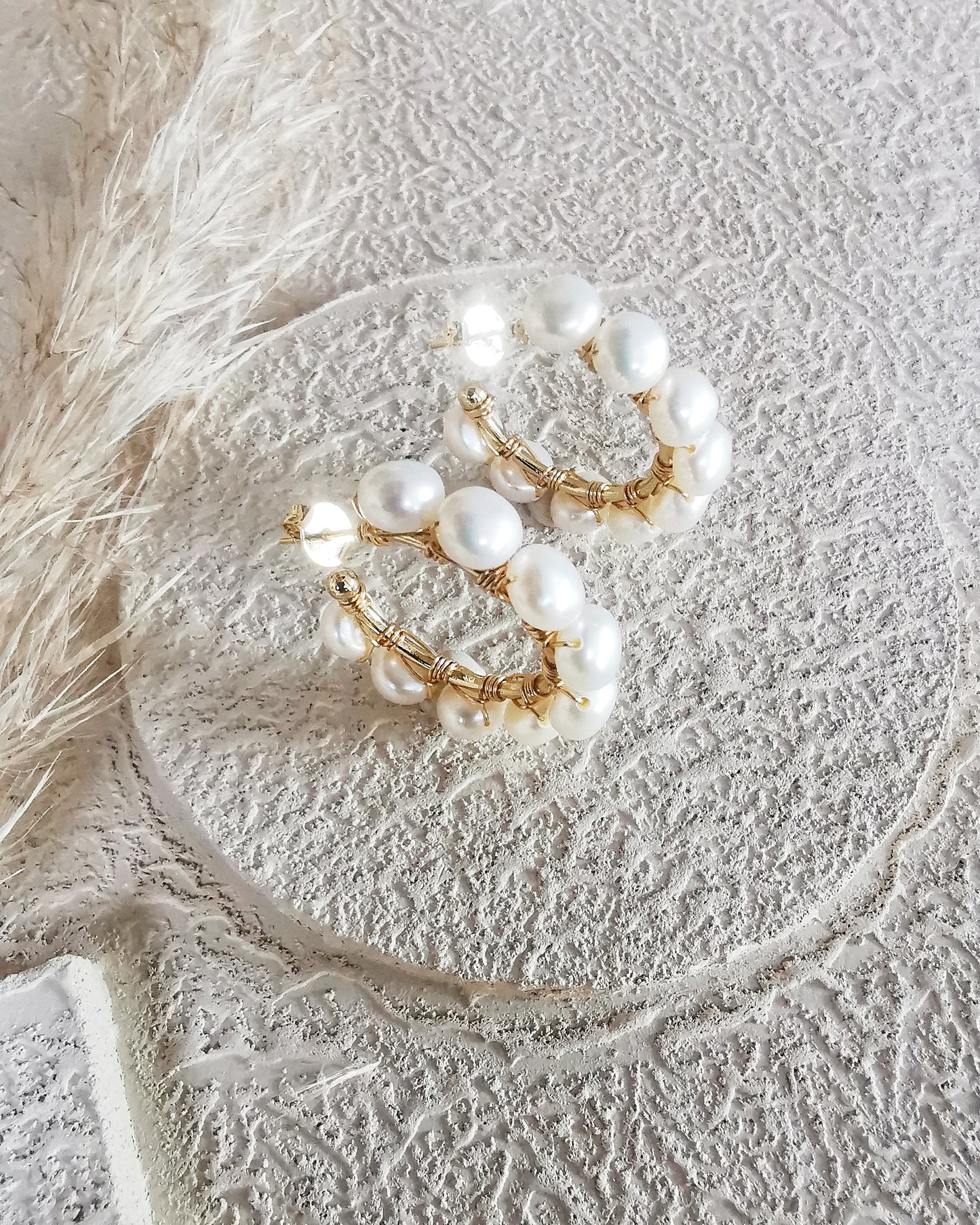 Medium Wire-Wrapped Hoop Earrings with Freshwater Pearls