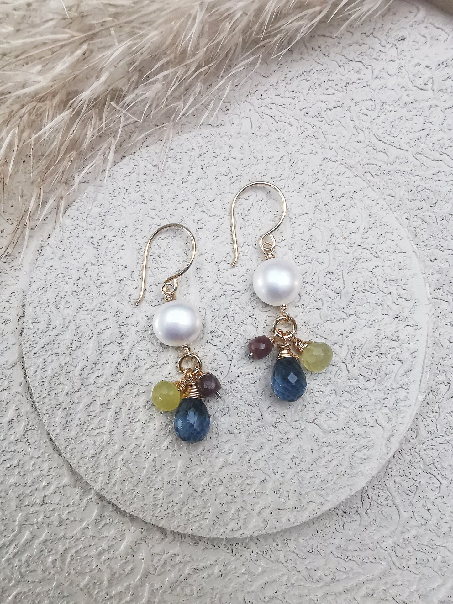 Freshwater Pearl Drop Earrings with blue Iolite, tourmaline, and Chalcedony Gemstones