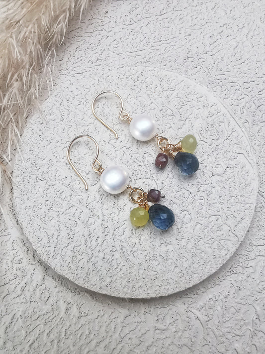 Freshwater Pearl Drop Earrings with blue Iolite, tourmaline, and Chalcedony Gemstones