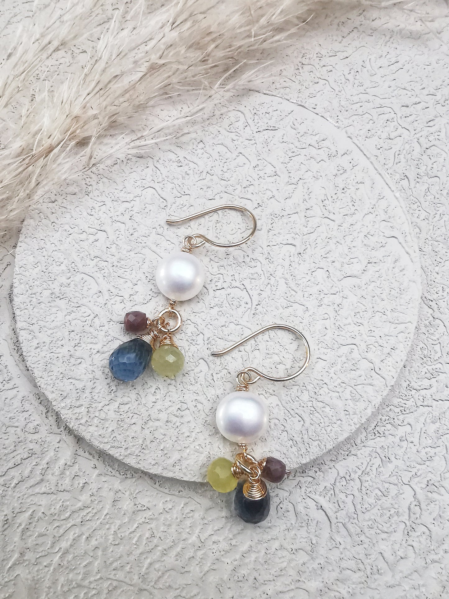 Freshwater Pearl Drop Earrings with blue Iolite, tourmaline, and Chalcedony Gemstones