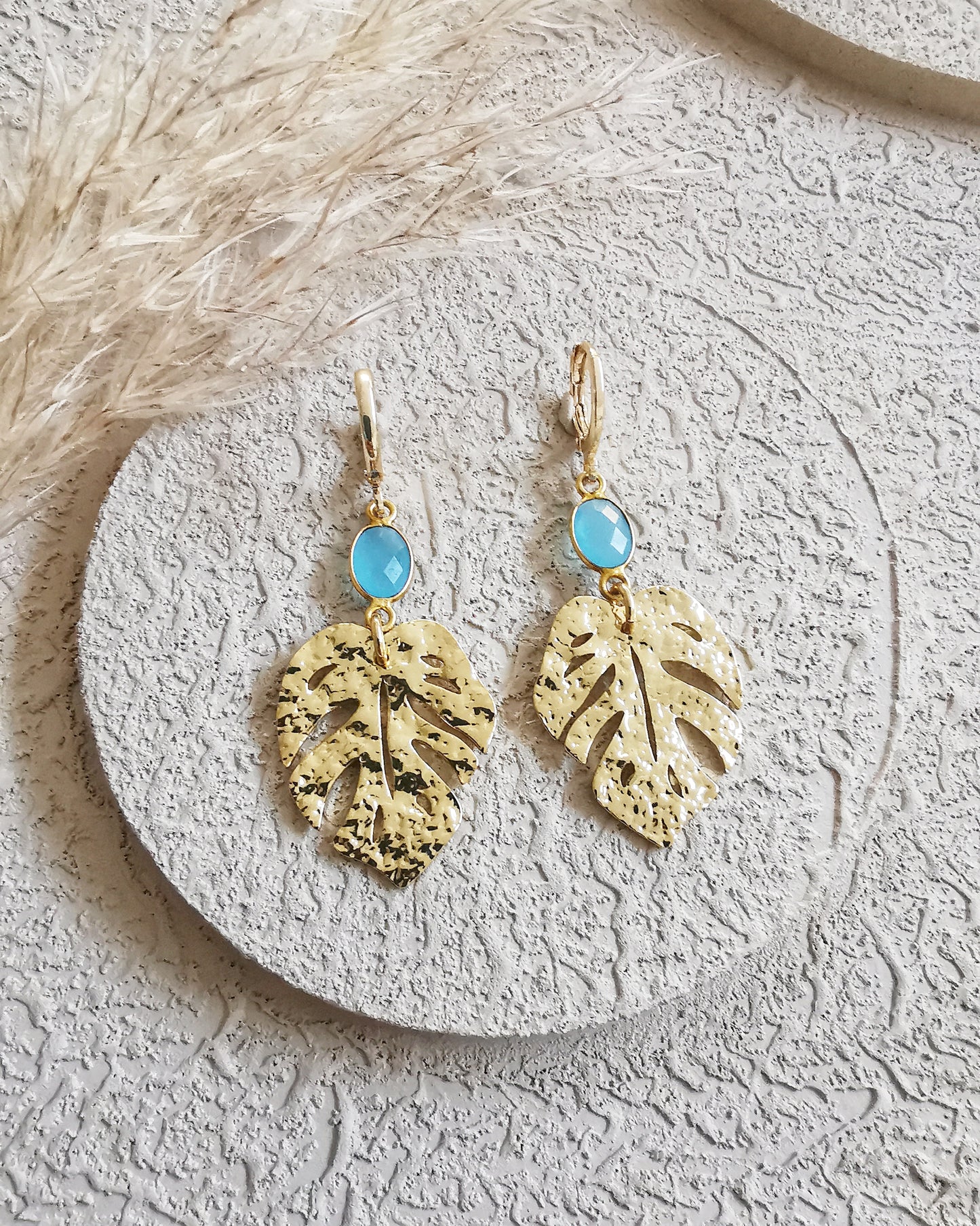 Blue Chalcedony Monstera Drop Earrings