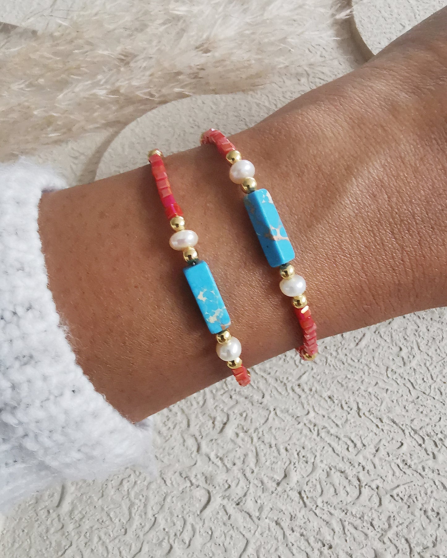 Beaded Bracelet with Crystals, Small Pearls, and Center Imperial Jasper