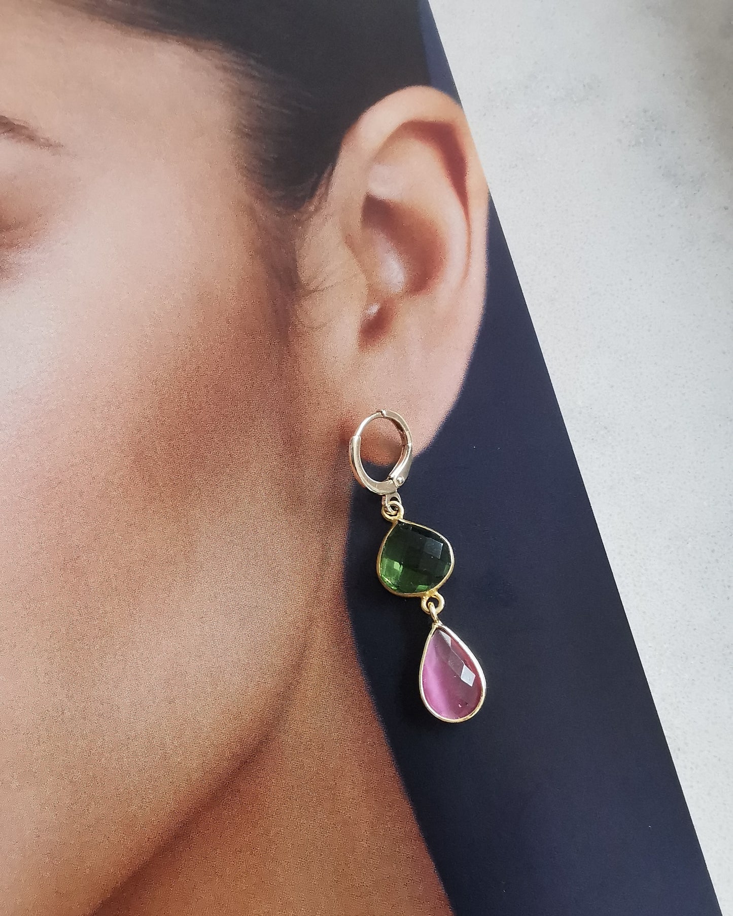 Peridot and Pink Blush Mona Lisa Drop Earrings.