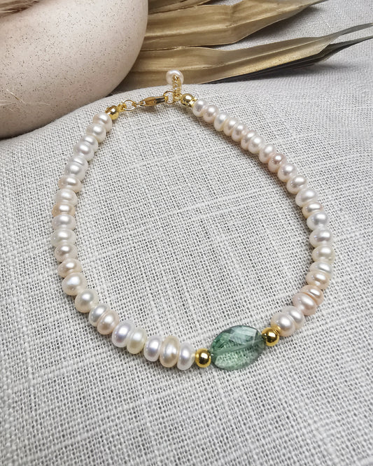 Gold Vermeil Bracelet with  Freshwater Pearl with Green Amethyst