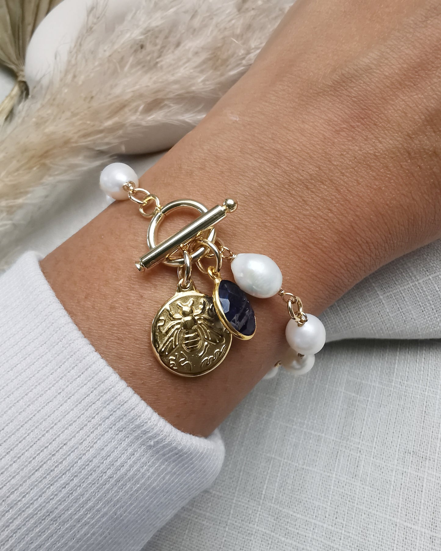 Hand-Wrapped  Freshwater Pearl Bracelet with Charms