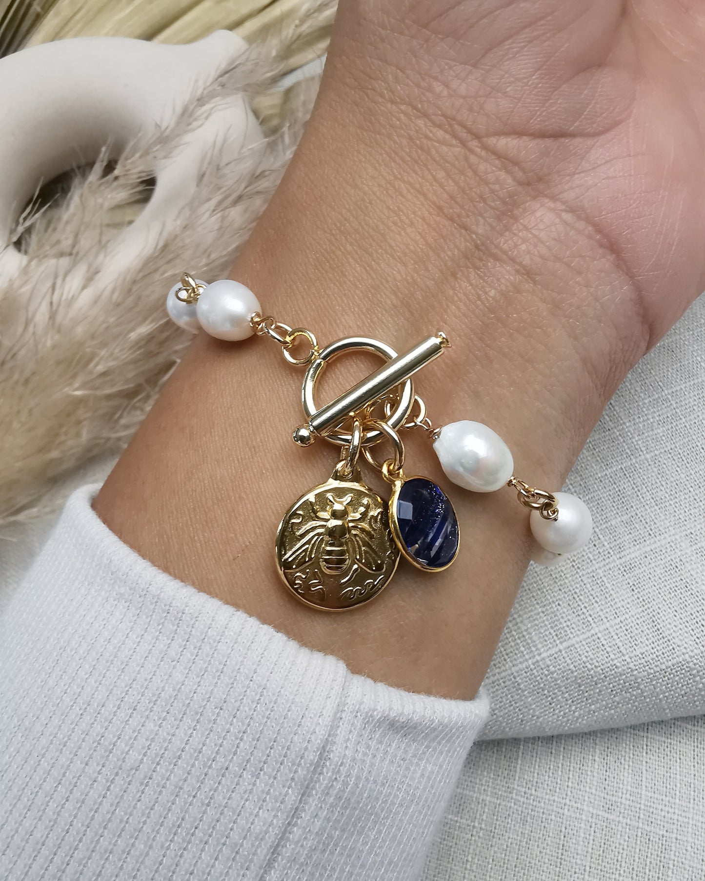 Hand-Wrapped  Freshwater Pearl Bracelet with Charms