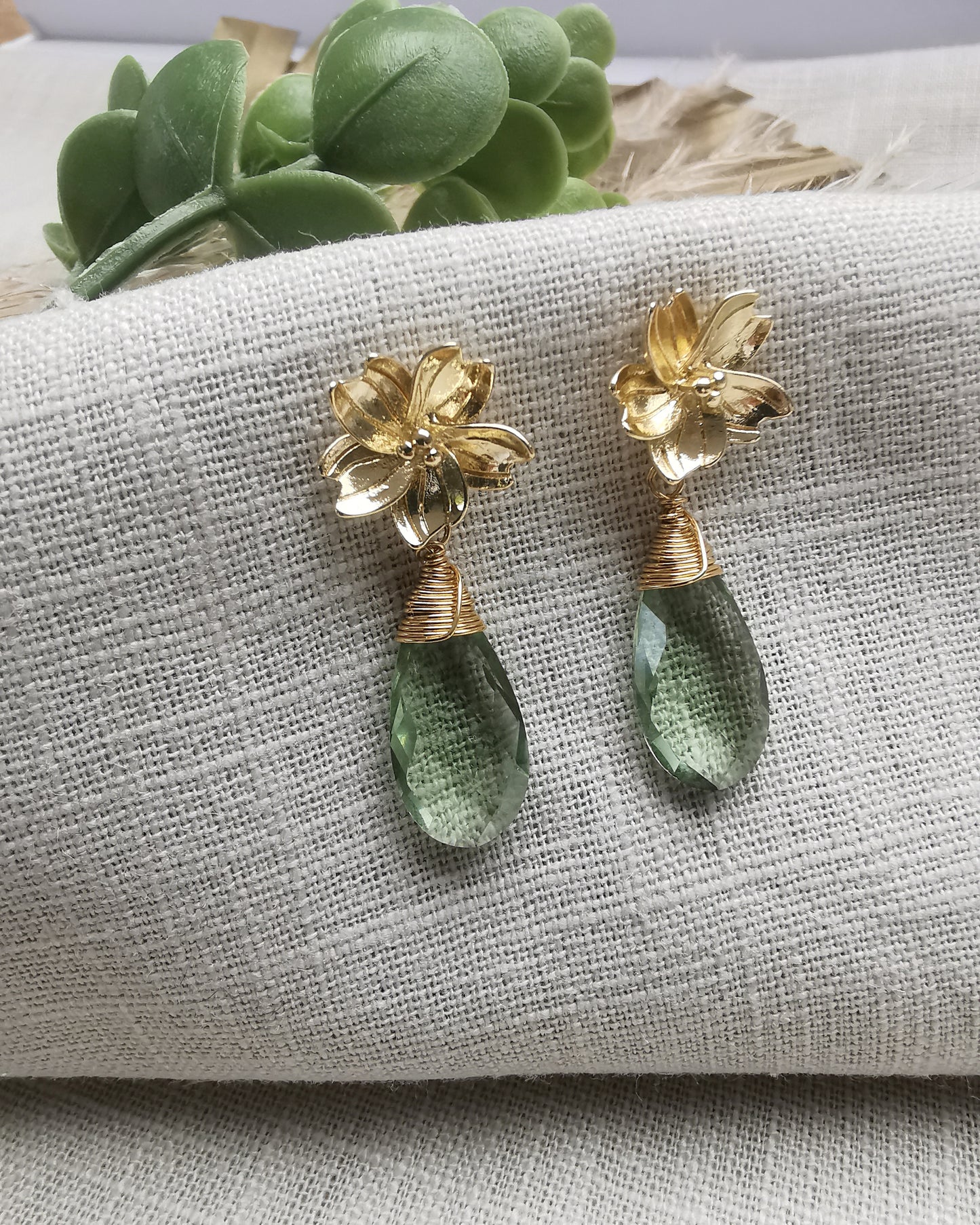 Green Amethyst Wire-Wrapped Gemstone Earrings with Floral Ear Posts