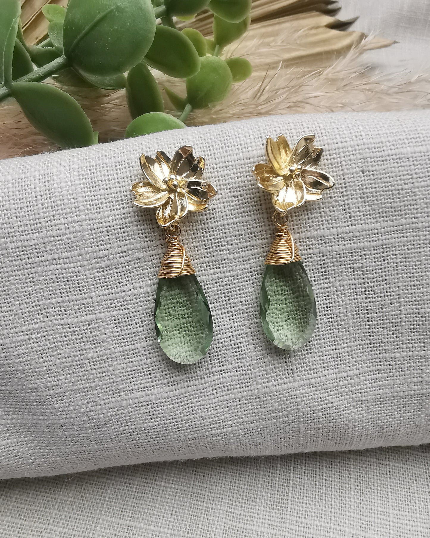 Green Amethyst Wire-Wrapped Gemstone Earrings with Floral Ear Posts