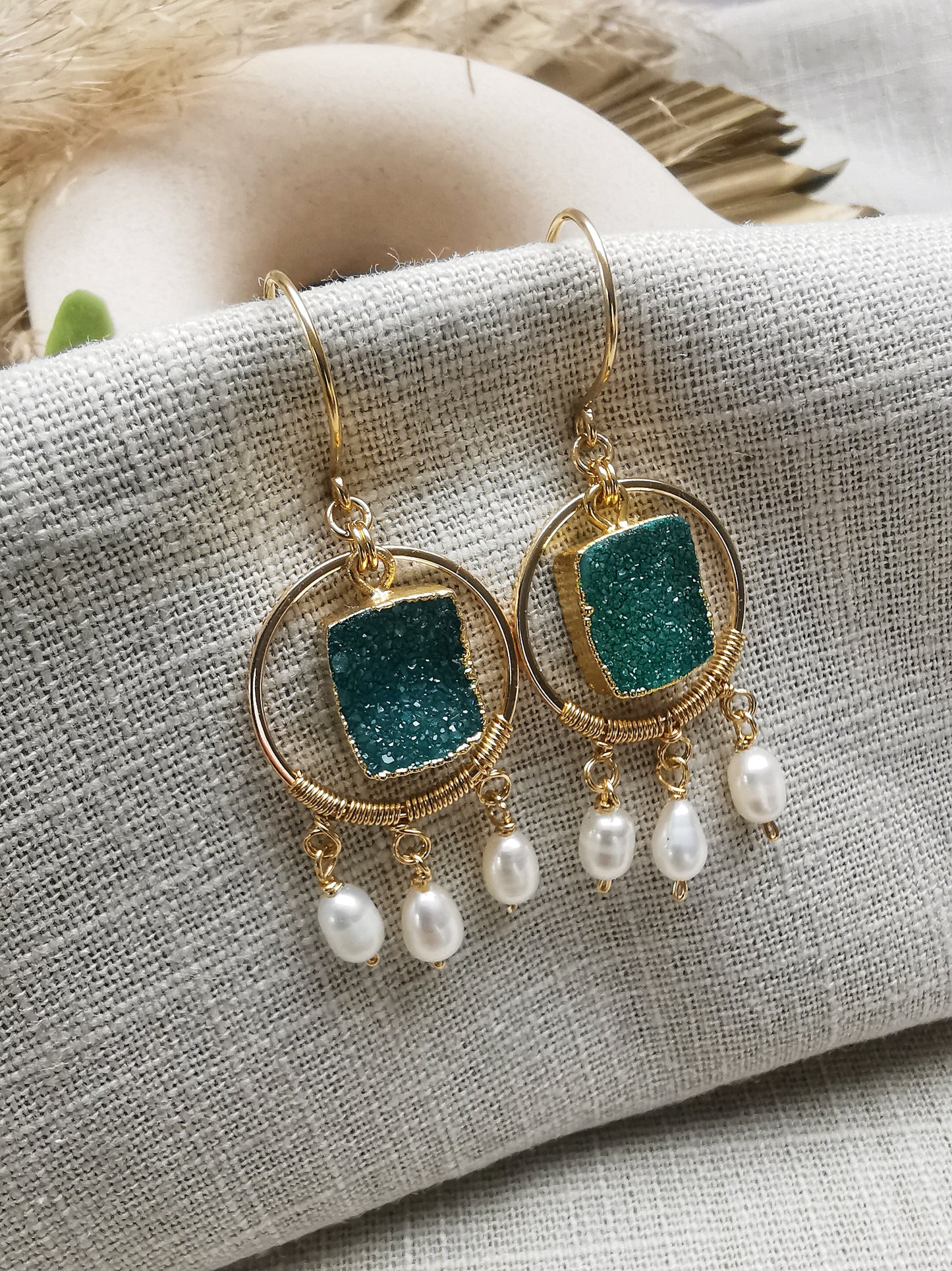 Druzy Gemstone Earrings with Freshwater Pearls