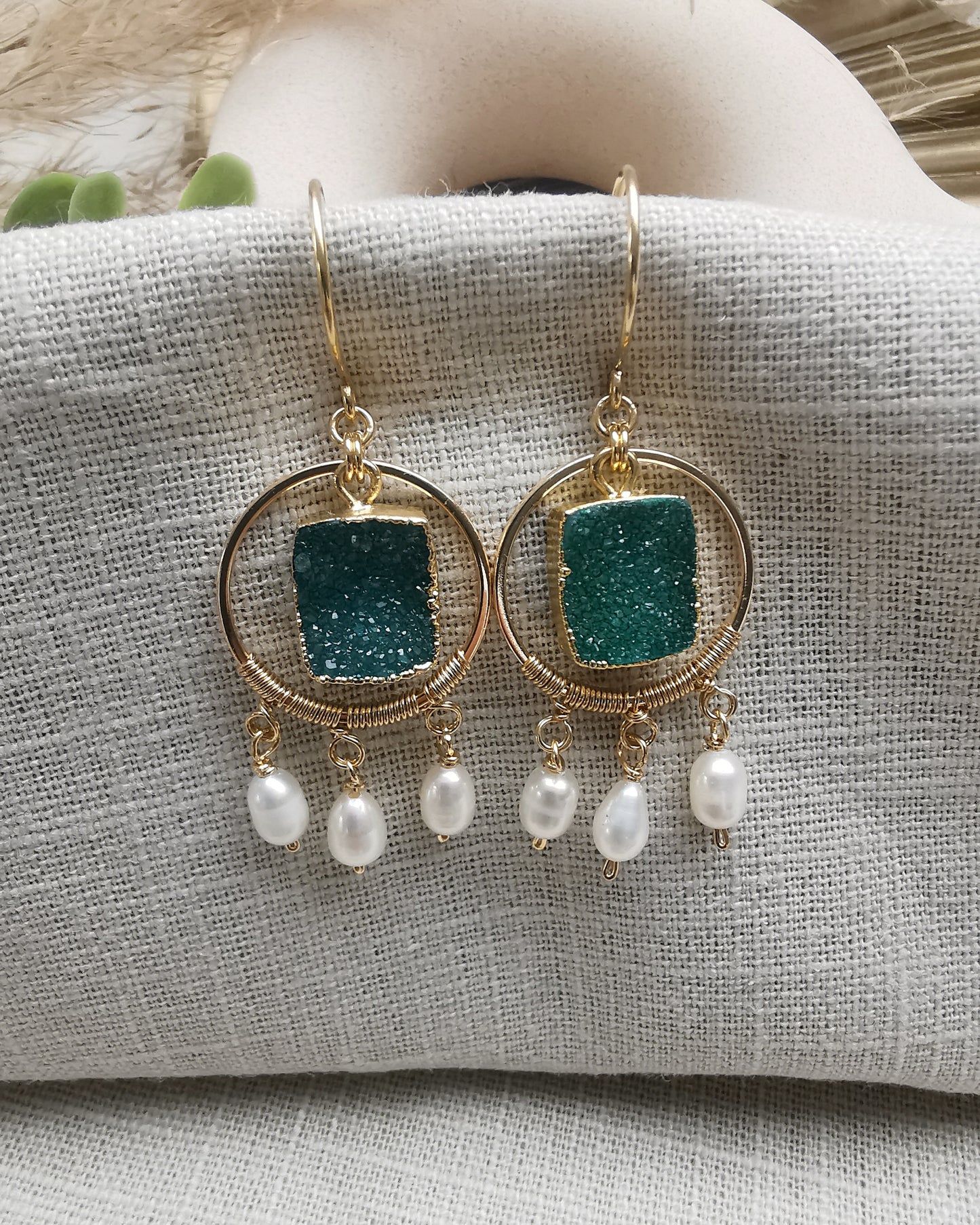 Druzy Gemstone Earrings with Freshwater Pearls