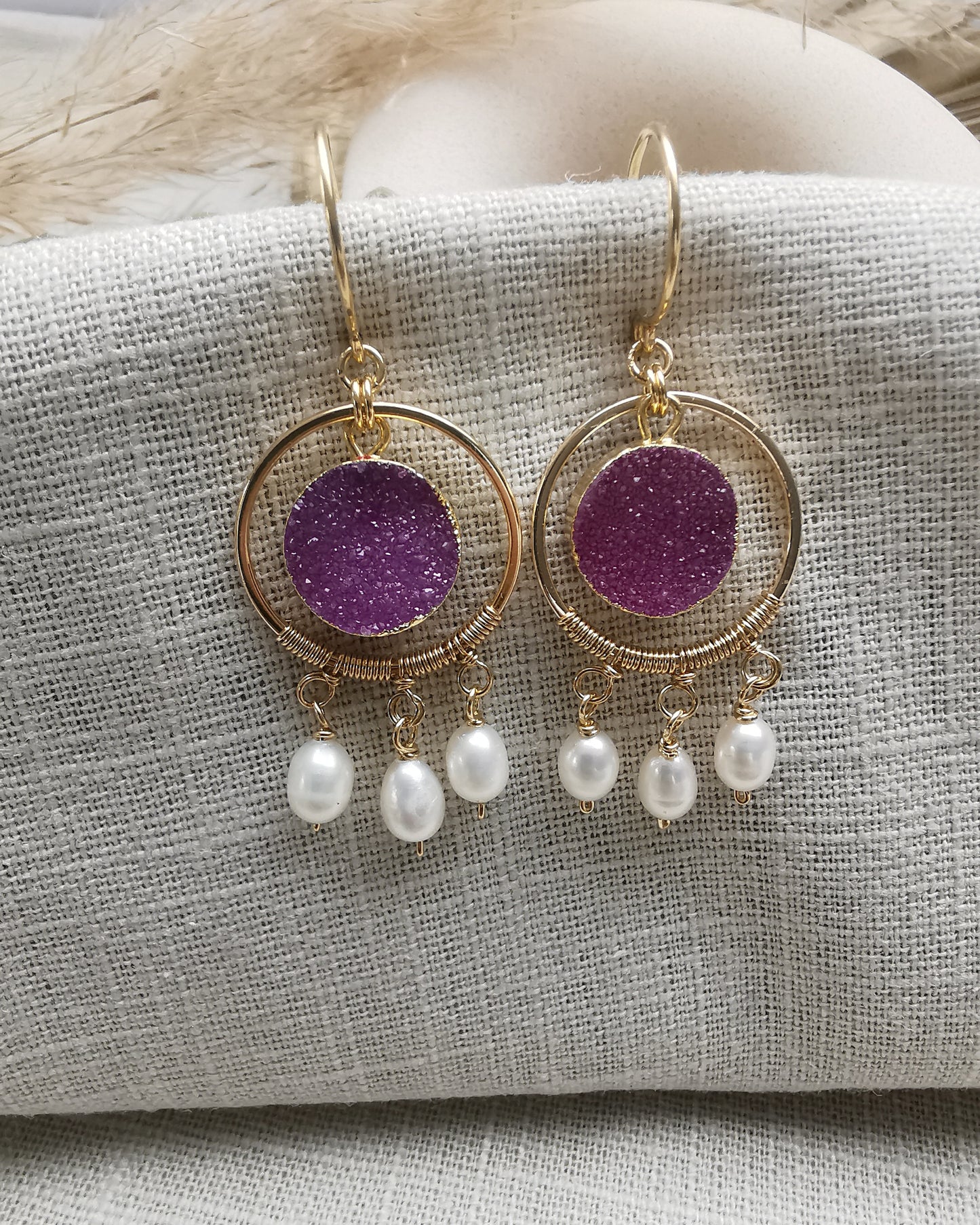 Druzy Gemstone Earrings with Freshwater Pearls