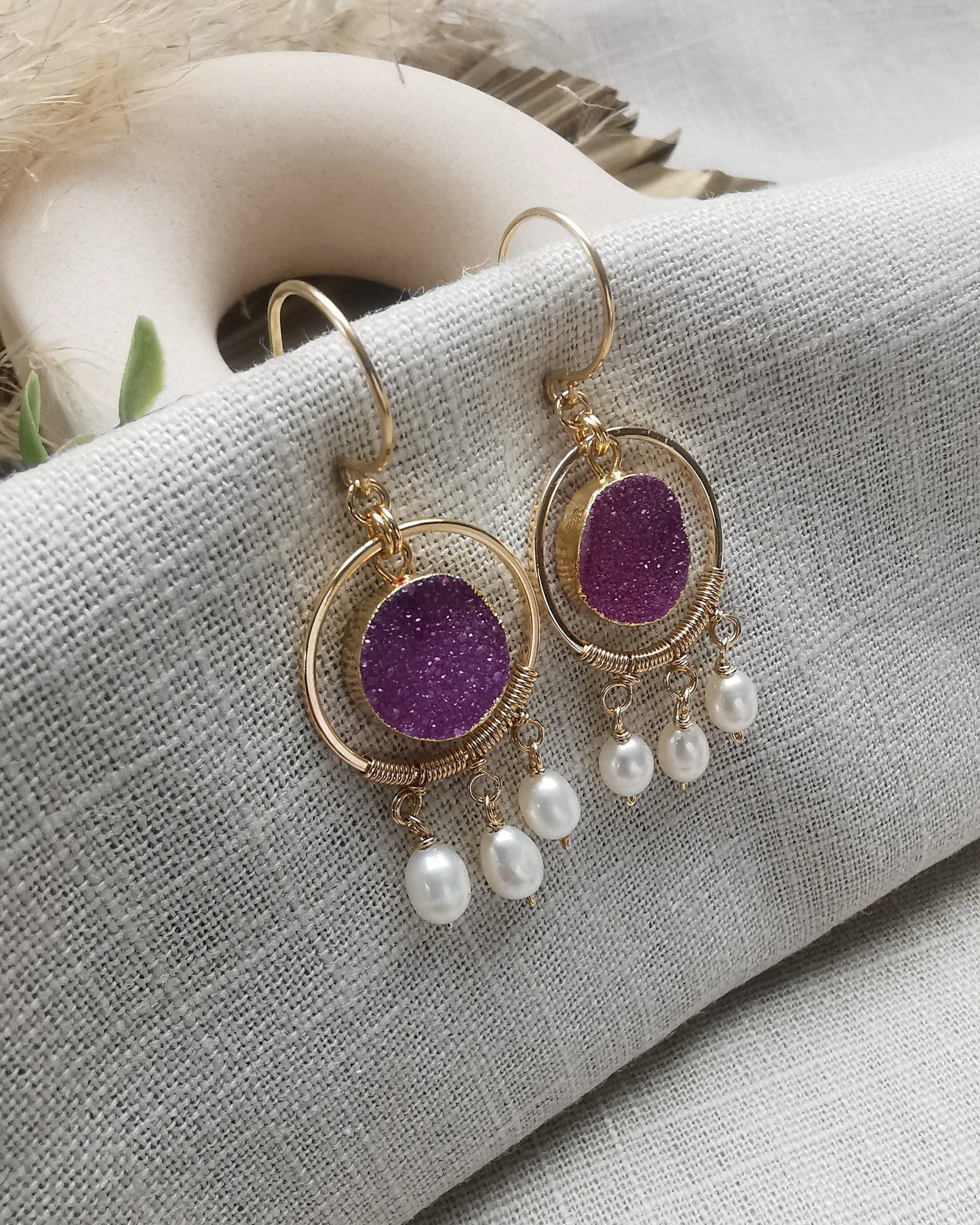 Druzy Gemstone Earrings with Freshwater Pearls