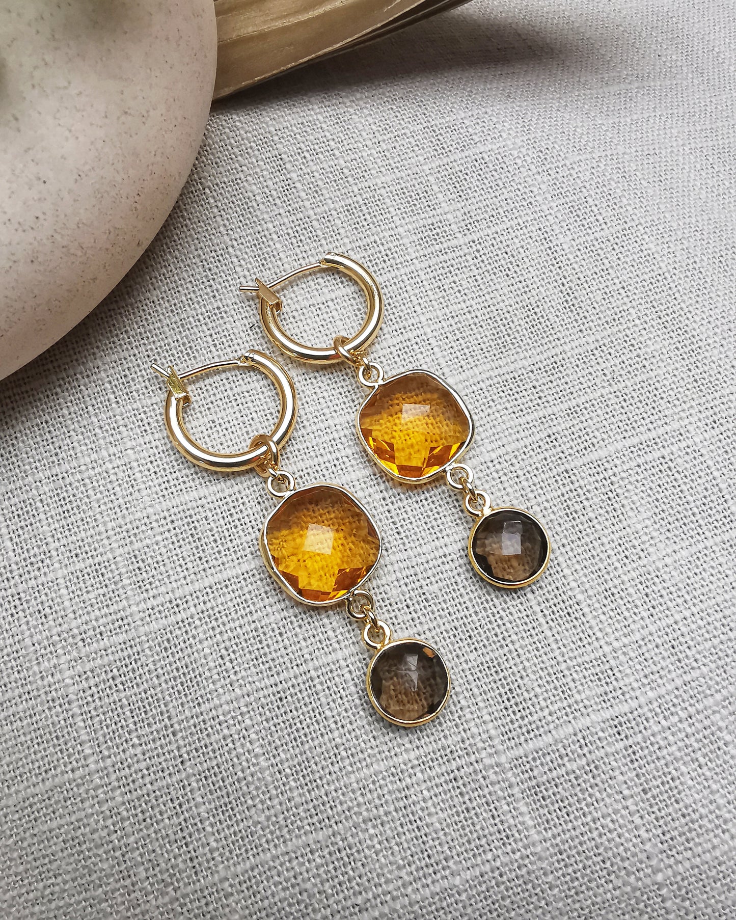 Versatile Gemstone Hoop Earrings with Citrine and Smokey Quartz